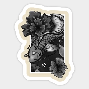 Koi Fish Gliding Through Water and Flowers - Grey Edition Sticker